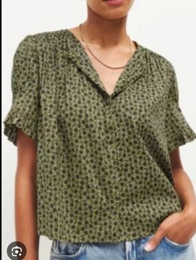 Reformation Adeline Womens Olive Green Floral Short Puff Sleeve Top Xs